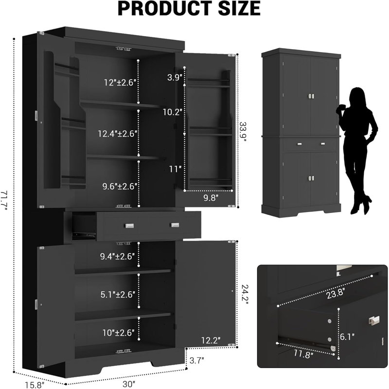 Armoire de rangement haute pour garde-manger, armoire de rangement avec grand tiroir et 2 armoires, Noir, noir, noir, noir