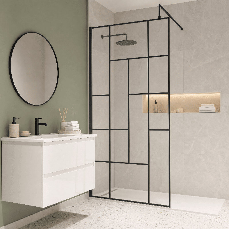 nuie 1000mm Matt Black Abstract Wetroom Screen With Support Bar