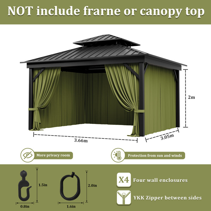 Rideaux à 4 panneaux latéraux pour pavillon de jardin, seulement rideaux, H 78,74 po x l 144 po x P 120 po, Vert clair