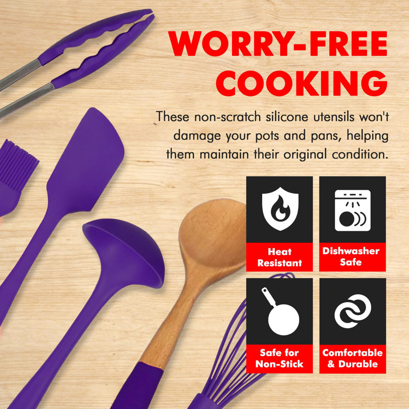 Premium Purple Silicone and Wood 11-Piece Cooking Utensil Set