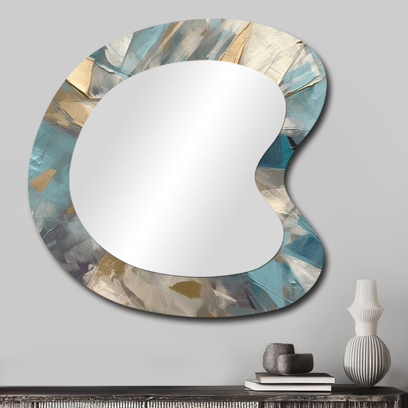 Fijon Blue Gold Transcendent Liquid Ink I - Marble Irregular Shape Unique Wall Mirror Decor, Blue Asymmetrical Large Mirror, Printed Metal Art