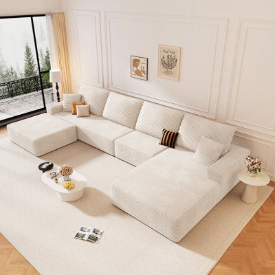 Boneless Oversized Modular Sectional Couch,U Shape Sofa with Corduroy Fabric and Convertible Chaise,Cozy Ottoman with Storage Space,Cloud Ottoman for Living Room,Apartment (Beige, U Shape)