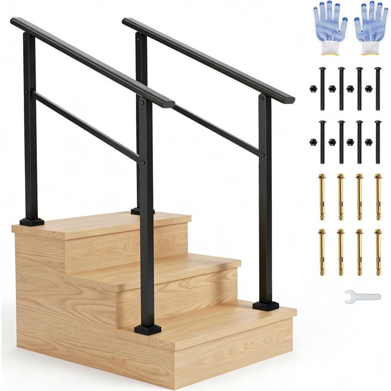 2 Pack 3 Step Outdoor Stair Handrail Kit, Black Aluminum & Iron Construction for Porch Steps, Easy Assembly Safety Railing, All Hardware & Gloves Included
