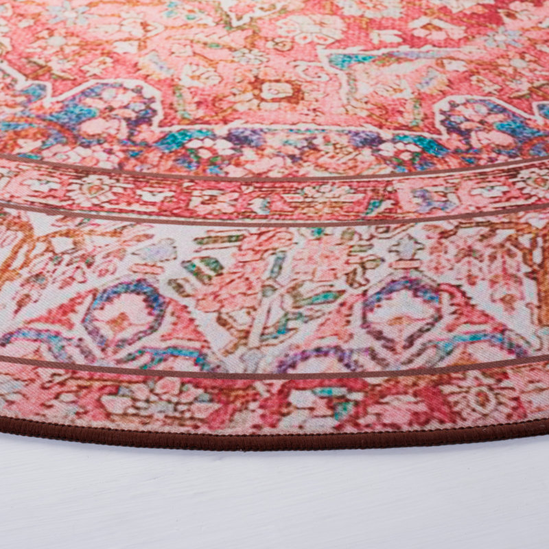 Tucson Oasis Washable Rug Non-Slip Area Rug in Pink & Beige, Round 183 cm