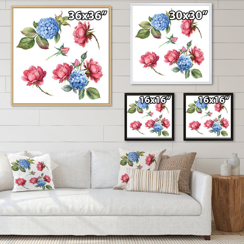 Rose rose et hortensia bleu avec feuilles - Peinture sur toile, H 30 po x l 30 po x P 1 po, Cadre flottant en érable