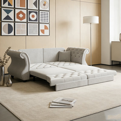 Oversized Chesterfield Pull Out Sofa Bed, Classic Roll Arm Velvet Couch with Flower Tufting