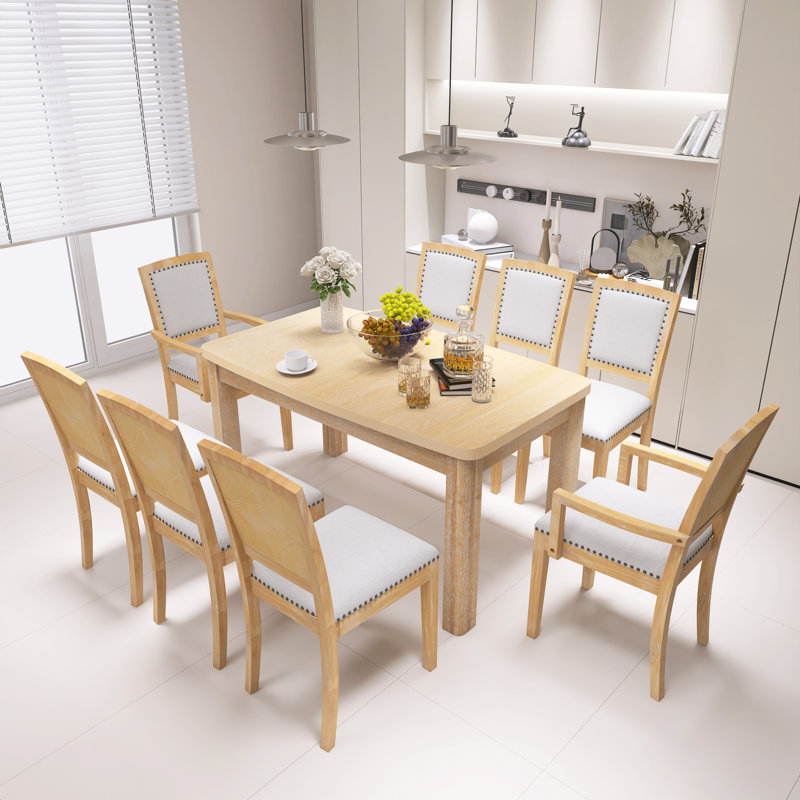 Ensemble de table de salle à manger extensible 9 pièces 84 po avec rallonge amovible de 24 po, ensemble de table en bois massif naturel avec 6 chaises sans accoudoirs rembourrées et 2 chaises rembourrées pour la salle à manger et le salon
