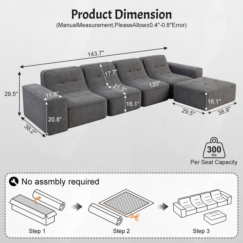 Canapé en chenille étincelant de 143,7 po, Gris