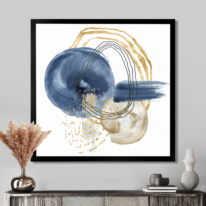 Abstrait bleu foncé doré et noir sous l'eau - peinture sur toile à cadre flottant, H 30 po x l 30 po x P 1 po