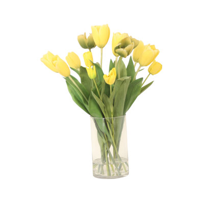 Yellow and Yellow Green Tulips in Glass Cylinder