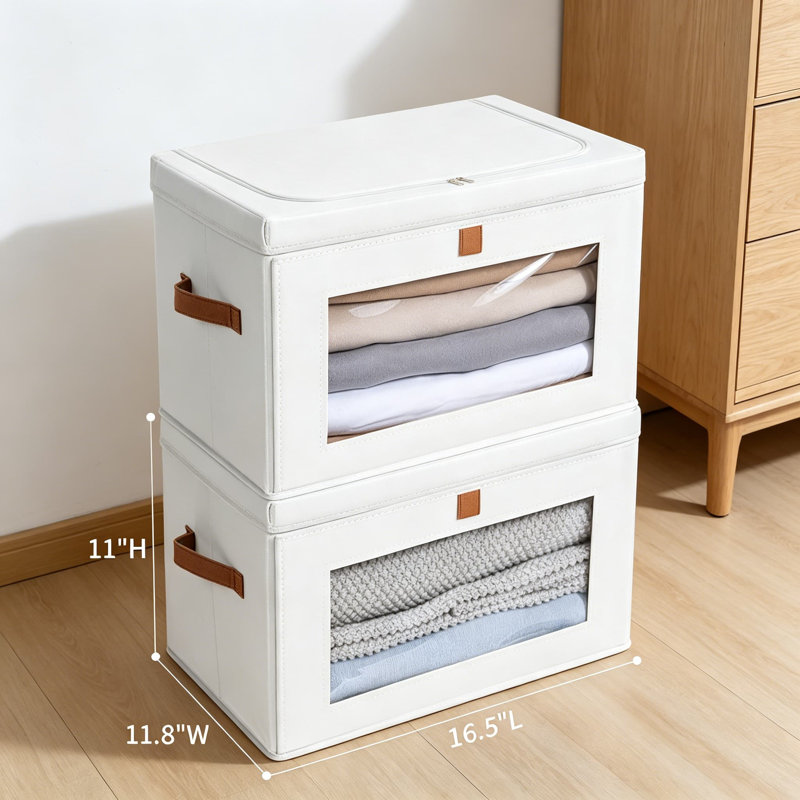 Collapsible Closet Storage Bins with Lids and Handles, Front Opening Design, PVC Window, Large Capacity Clothes Organizer Boxes for Living Room, Dorm, Linen Closet, 5 Pack, White