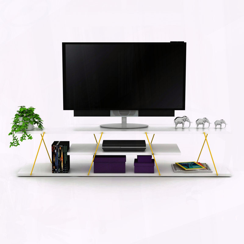 Meuble télé 56 pouces Mid Century Modern avec 56 tablettes ouvertes en blanc et jaune, Blanc / Doré