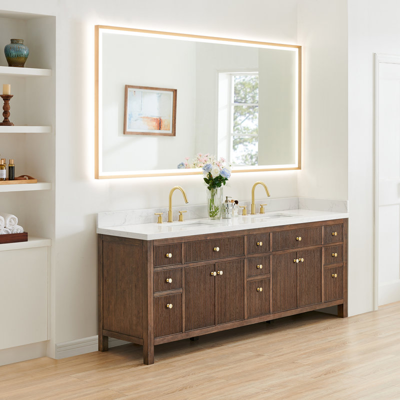 Lala 84" Double Bathroom Vanity with Grain White Engineered Stone Countertop with Mirror, Brown Brushed Oak