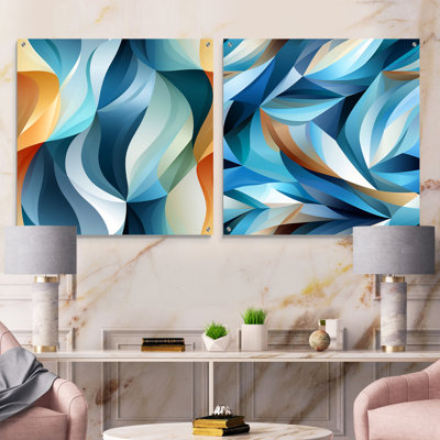 Blue Geometric Wave Tranquility - Abstract Geometric Acrylic Wall Art Glass Set Of 2