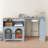 Grey Rolling Kitchen Island With Extension Table, Led Lighting, Power Sockets, 2 Recessed Glass Doors, Storage Compartments And 3 Open Shelves On The Sides