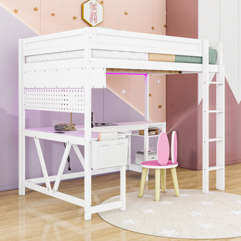 Lit mezzanine double en bois avec tablettes, DEL, station de charge et bureau intégré, Blanc