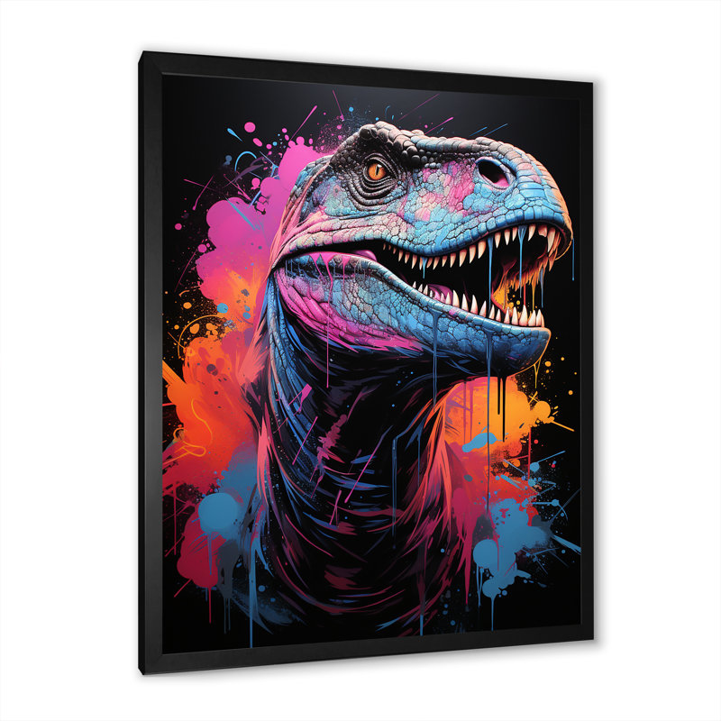 Portrait de dinosaure bleu et mauve préhistorique - dinosaure, art mural, Cadre simple noir, H 40 po x l 30 po x P 1,5 po