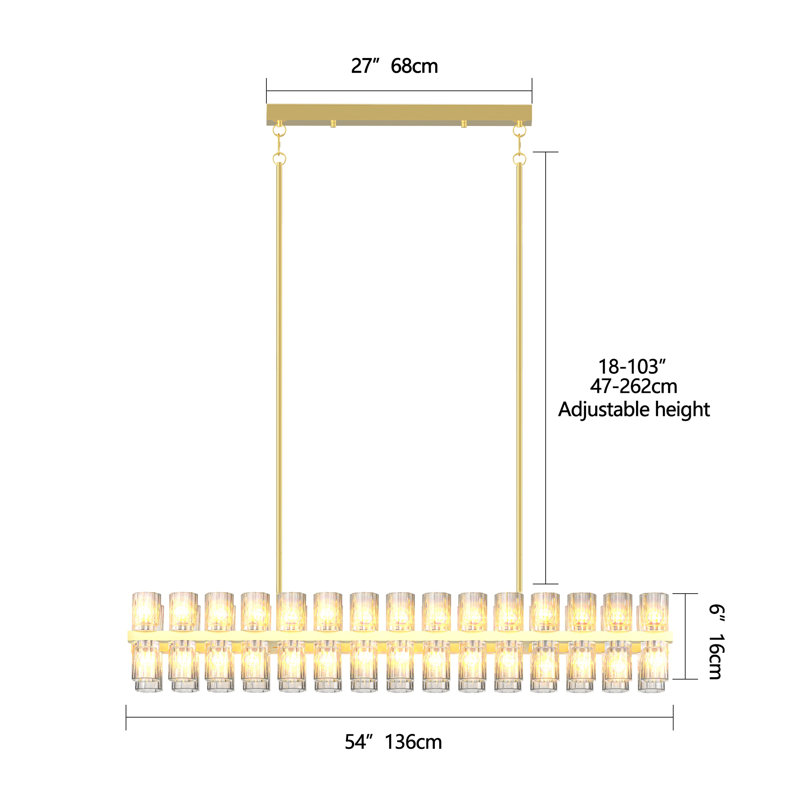 Lustres rectangulaires en laiton cristal pour la salle à manger
