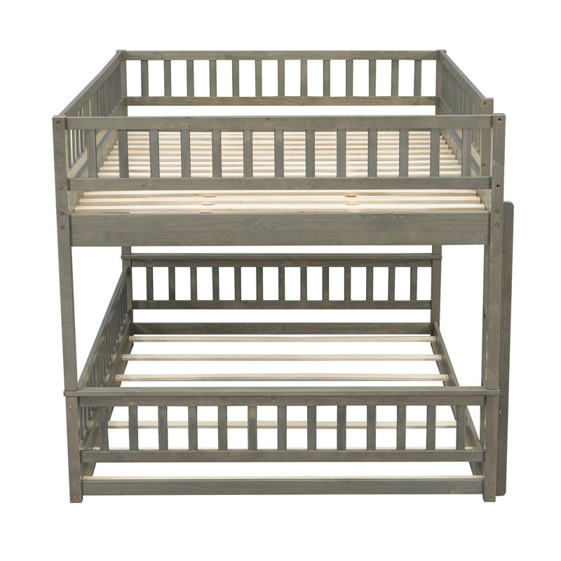 Queen over Queen Bunk Bed with Ladder and Guardrails, Grey, Grey