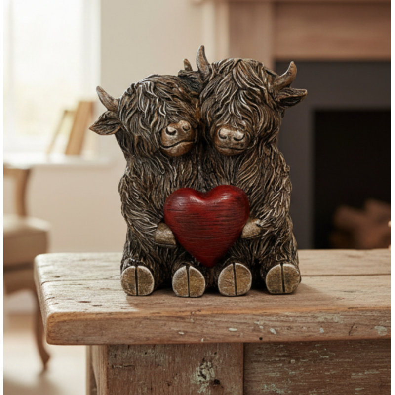 Figurine décorative en polyrésine style campagnard Two Highland Cows