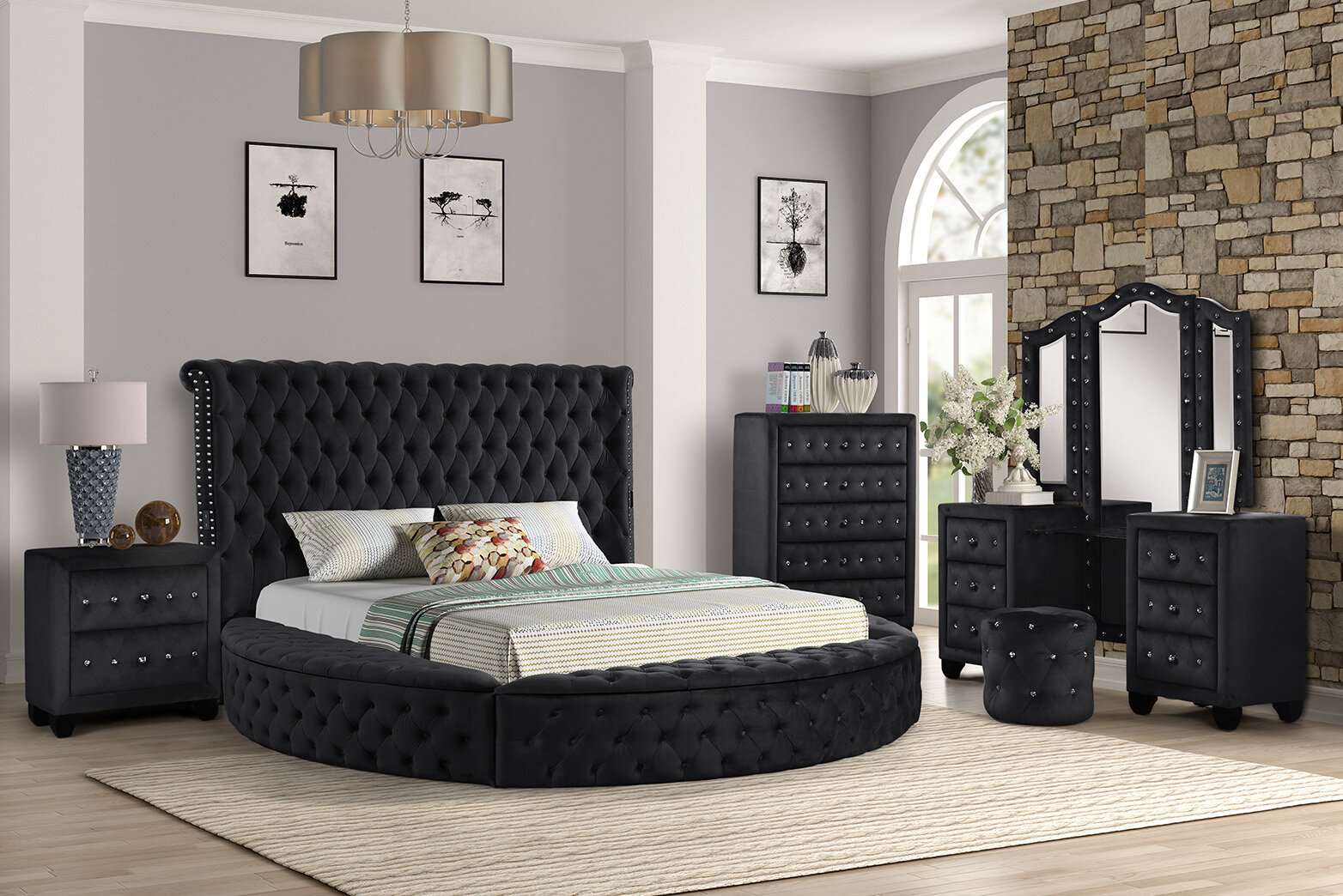 Black upholstered king on sale bedroom set