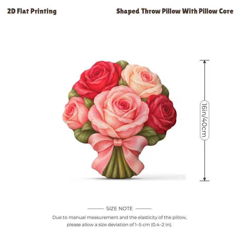 2D Flat Watercolor Rose Bouquet Plant Lover Gift 2D Flat Printed Shaped Filling Pillow Decorative Cushion, Suitable for Sofa Bed Dressing Table Chair, And Romantic Room Decor Shape Inspiration 40cm