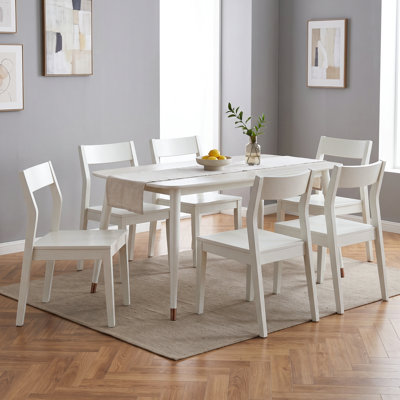 Ensemble de salle à manger 7 pièces en bois massif de style Mid-Century Norvia & Morven, table rectangulaire de 60 po avec rebords biseautés et pieds recouverts de métal et 6 chaises empilables à dossier angulaire, chêne blanc classique