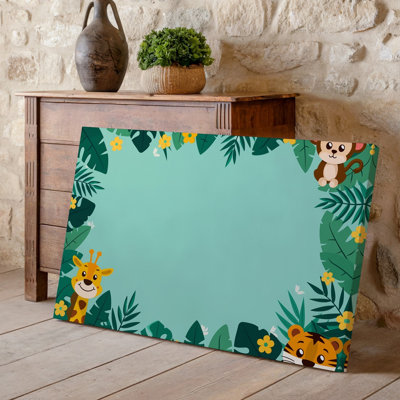 Reproduction d'art sur toile à thème de jungle avec une bordure ludique de feuilles tropicales vertes et d'art mural sur toile