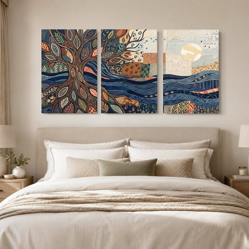 Arbre à motifs avec patchwork ciel et vagues bleues, ensemble de 3 toiles, H 24 po x l 16 po x 3 pièces