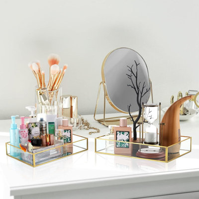 3-Piece Gold Metal Mirrored Vanity Trays - Rectangle & Octagon Sizes for Perfume/Makeup