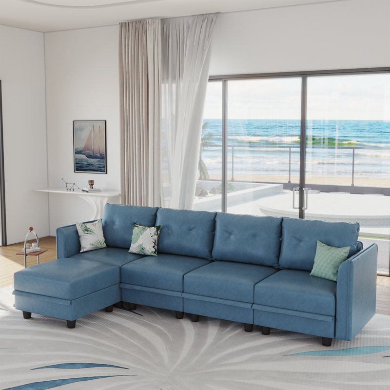 Zendajas 112" Curved Arm Convertibility 4 Seater Sofa Chaise Storage ottoman, Sky Blue Faux Leather