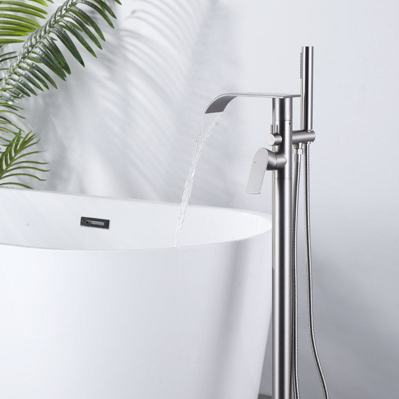 2-Handle Brushed Nickel Freestanding Tub Faucet with Handshower and Waterfall Spout, Brushed Nickel