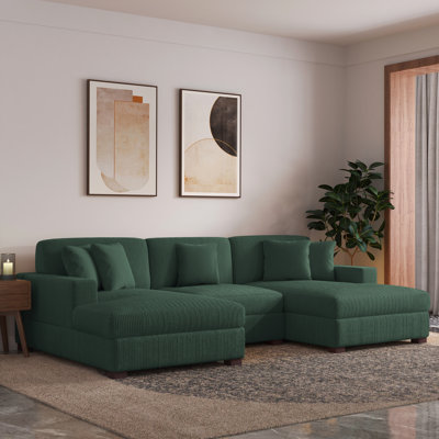 Milbrey 3 - Piece Upholstered Hunter Green Corduroy Modular Sectional Sofa with Pillow Back and Solid Wood Legs