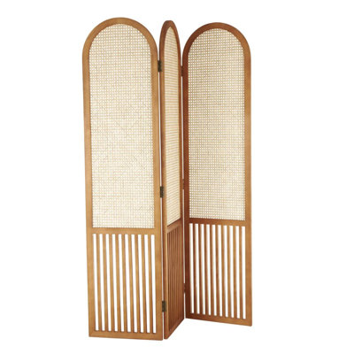 Wood Arched 3 Panel Partition Dark Brown Divider Screen with Slatted Wood Base and Tan Rattan Panels