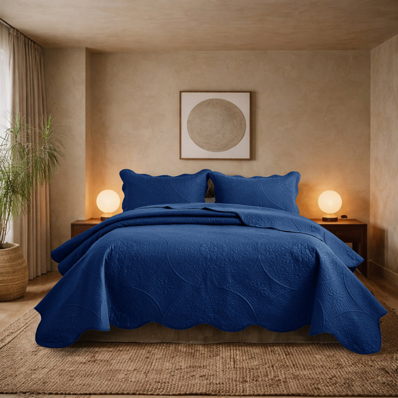 Floral Embossed Microfiber Quilted Bedspread Set, Twin Coverlet/Bedspread + 1 Standard Pillowcase, Navy