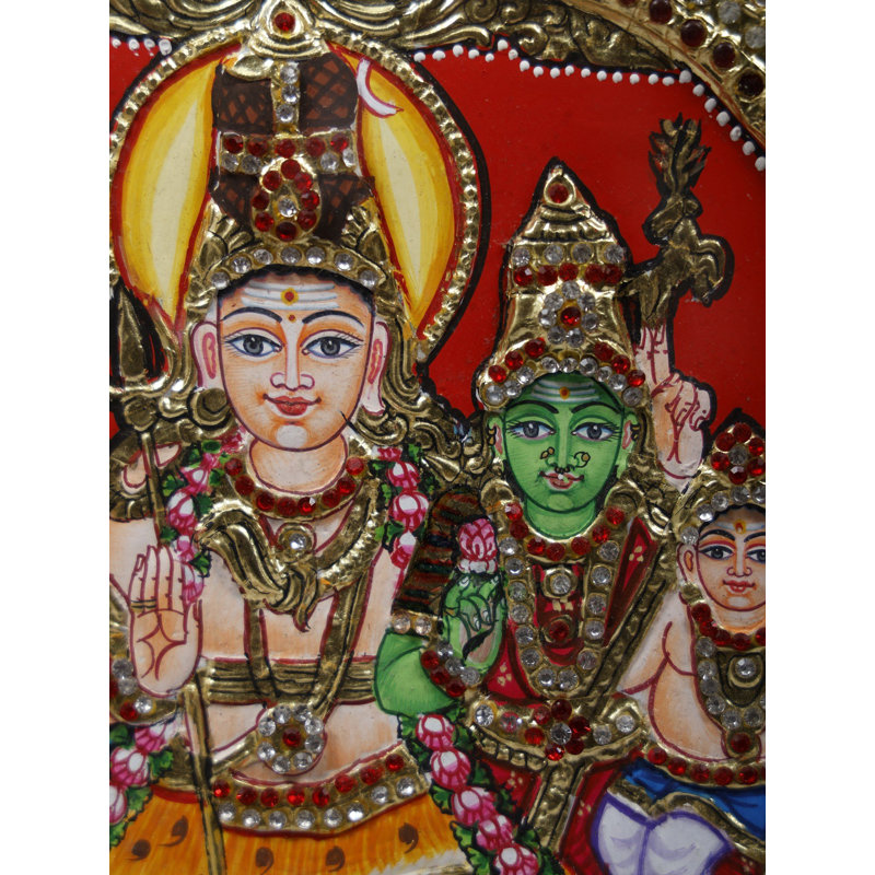 Famille Lord Shiva | Or 24 carats | Peinture encadrée de Tanjore