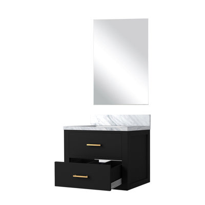 24 po W Noir, meuble-lavabo de salle de bain noir avec comptoir en acrylique et 18 miroirs - fermeture en douceur, bois massif, panneaux en contreplaqué