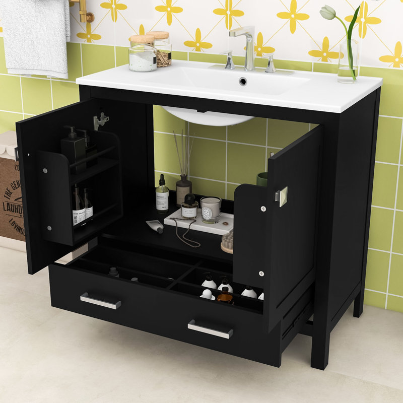 Meuble-lavabo contemporain simple avec lavabo en céramique, rangement spacieux et portes à fermeture en douceur, Noir