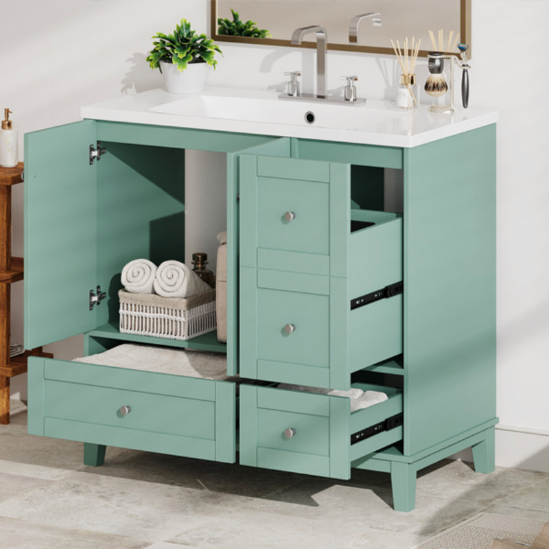 Meuble-lavabo moderne de 36 pouces avec chargement USB, deux portes et trois tiroirs avec meuble-lavabo, petit meuble-lavabo avec lavabo simple, robinets non inclus