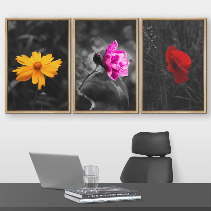 Touche de couleur fleurs sur fond noir et blanc, décoration murale moderne, H 36 po x l 72 po, Cadre naturel flottant