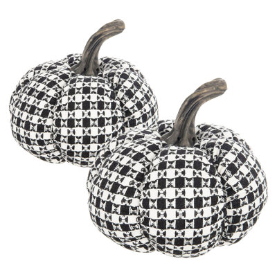 Ensemble de 2 citrouilles lumineuses en tissu - décor de fêtes écossais noir et blanc 7 po
