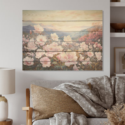 Rose rose sur fond de montagne - Roses, art mural sur bois de pin naturel