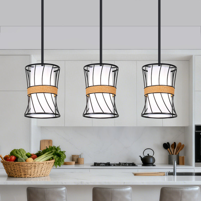 Luminaire suspendu cylindrique moderne à 1 lumière avec abat-jour en tissu blanc pour îlot de cuisine