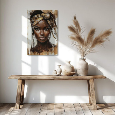 1pc Canvas Wall Art, African woman portrait, golden headscarf, realistic oil painting Poster 24"x36" Framed Painting Room Wall Decor, Ideal Gift For Bedroom Living Room Hallway Dorm, Ready To Hang