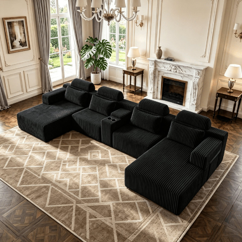 Canapé modulaire en velours à compression en U 145,7 po avec méridienne, CSN-W5156S00006Black