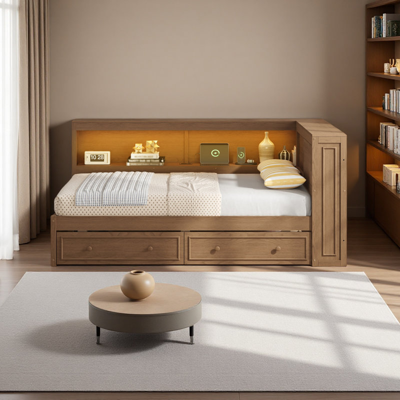Lit de jour en bois pleine grandeur avec tablettes de rangement, USB, DEL et 2 tiroirs, Bois antique