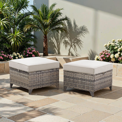 Outdoor Wicker Ottomans With Olefin Cushions Set Of 2