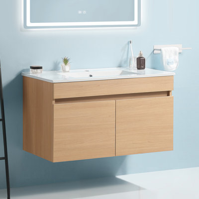 36 Inch Wall-Mounted Bathroom Vanity With Sink With Two Soft Close Cabinet Doors, White -  Hokku Designs, 05FF4E82179249AD940E4EE52C7D5570