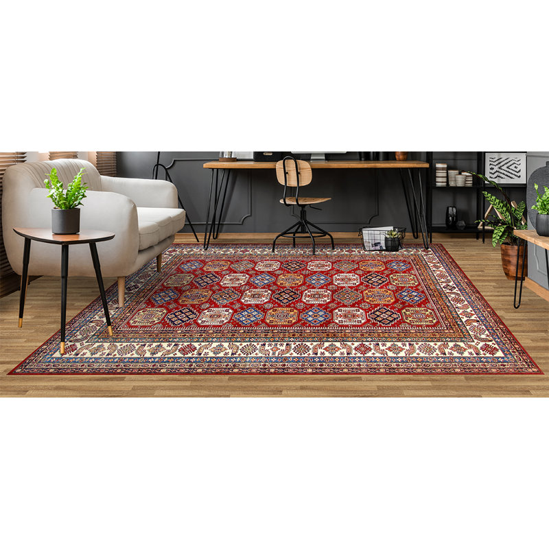 Tapis rouge et ivoire noué à la main de haute qualité, Rectangle de 5 pi x 8 pi