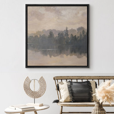 «Vintage Misty Forest Reflection Serene Lake Landscape Illustration Rustic French Country»